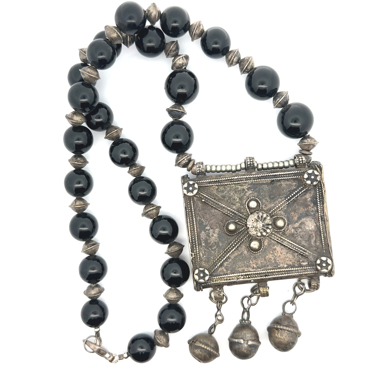 Black Spinel Beads with Ethiopian Antique Silver Tulsum Large Necklace – main view