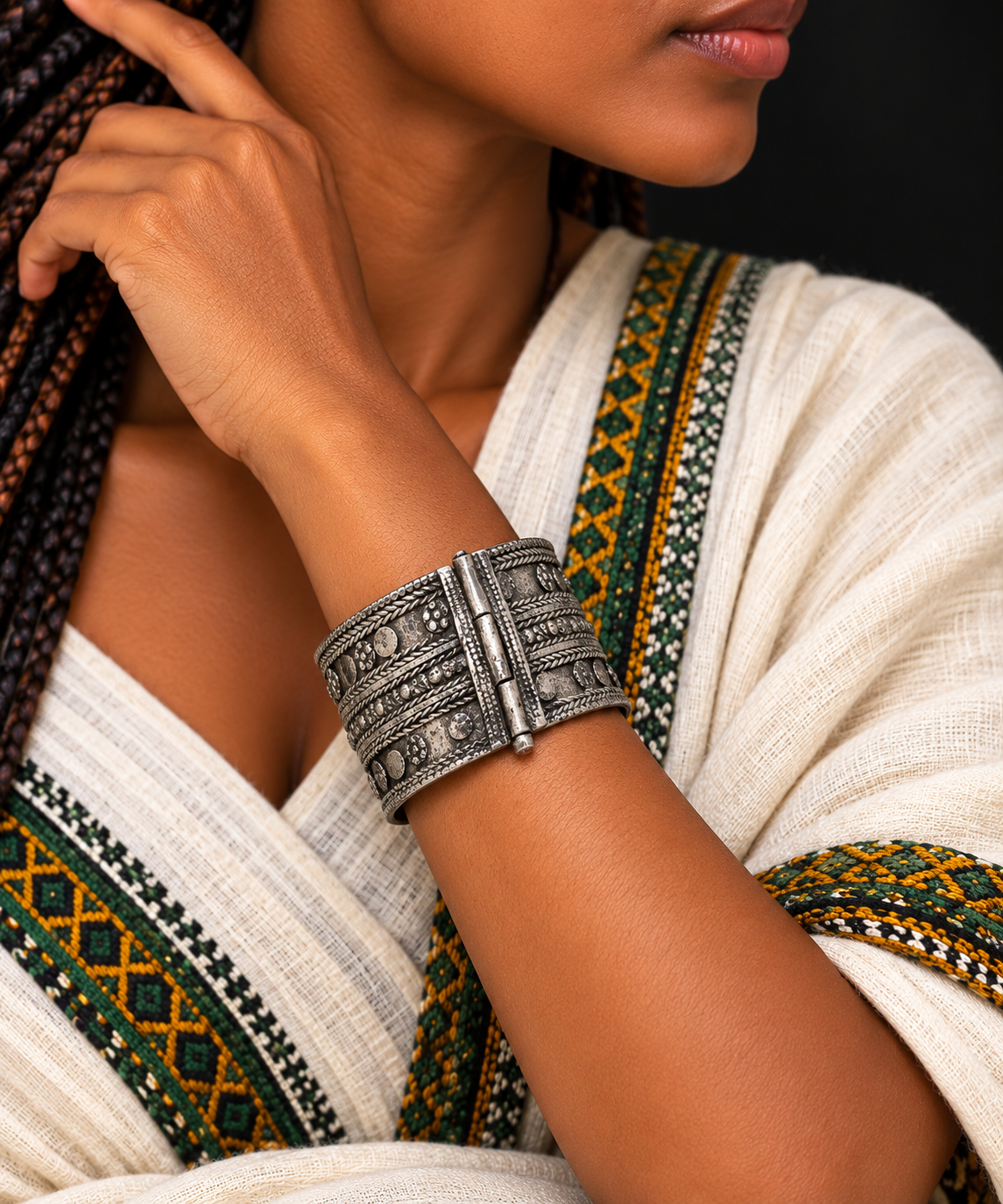 Ethiopian Antique Silver Mix Bracelet with Pin