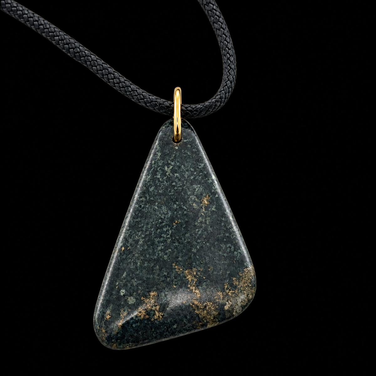 54.67ct, 40x30mm, Peruvian Black Jade with Pyrite, Cabochon-Drilled, with 18KY Gold Bail – main view