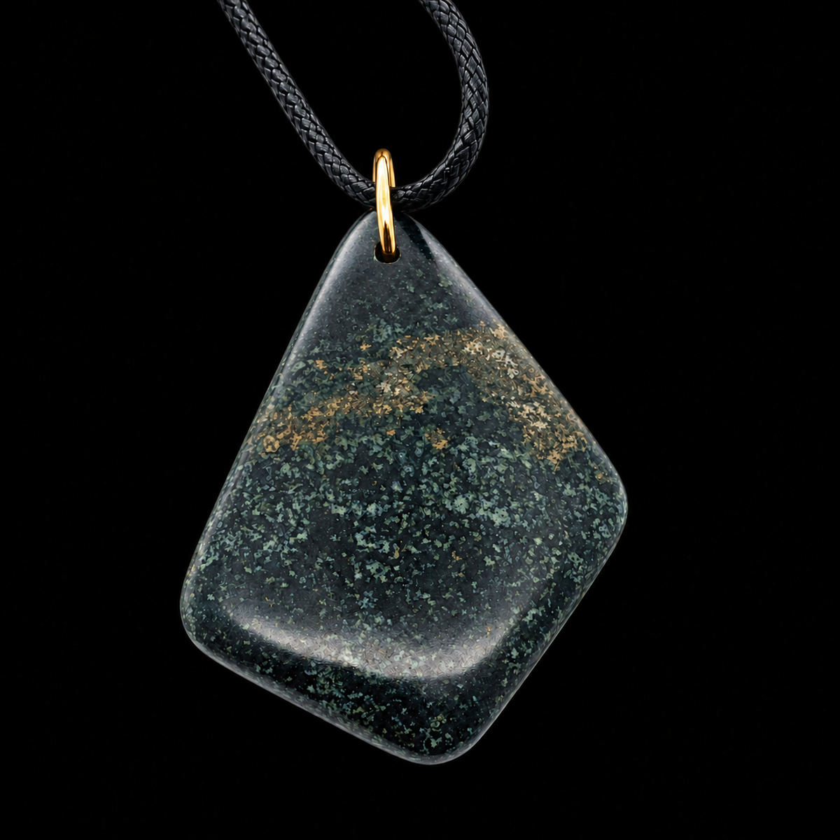 32.31ct, 35x25mm, Peruvian Black Jade with Pyrite, Cabochon-Drilled, with 18KY Gold Bail – main view