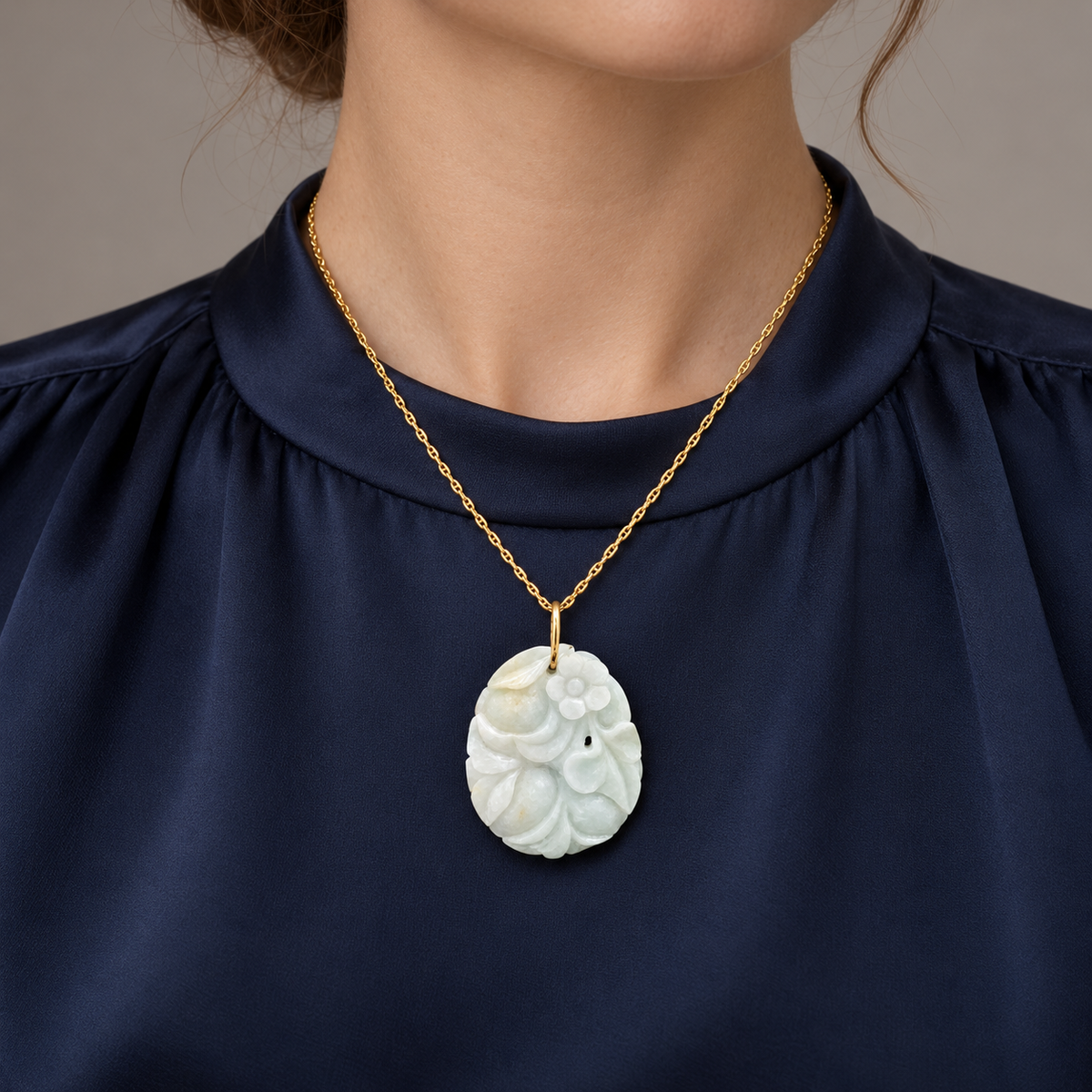 Burmese Jadeite Carved Leaf Pendant in 18K Yellow Gold