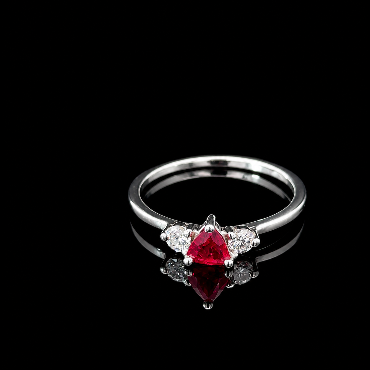 18k White Ruby Gold Ring, (2) 3.0mm Natural Round Diamonds. VS in quality, F in Color. .20tcw, Center Stone Ruby (HH), Red, 0.44ct, 4.6mm, Trilliant, Monghsu - Burma, Prong Set, Size 6.5 – main view