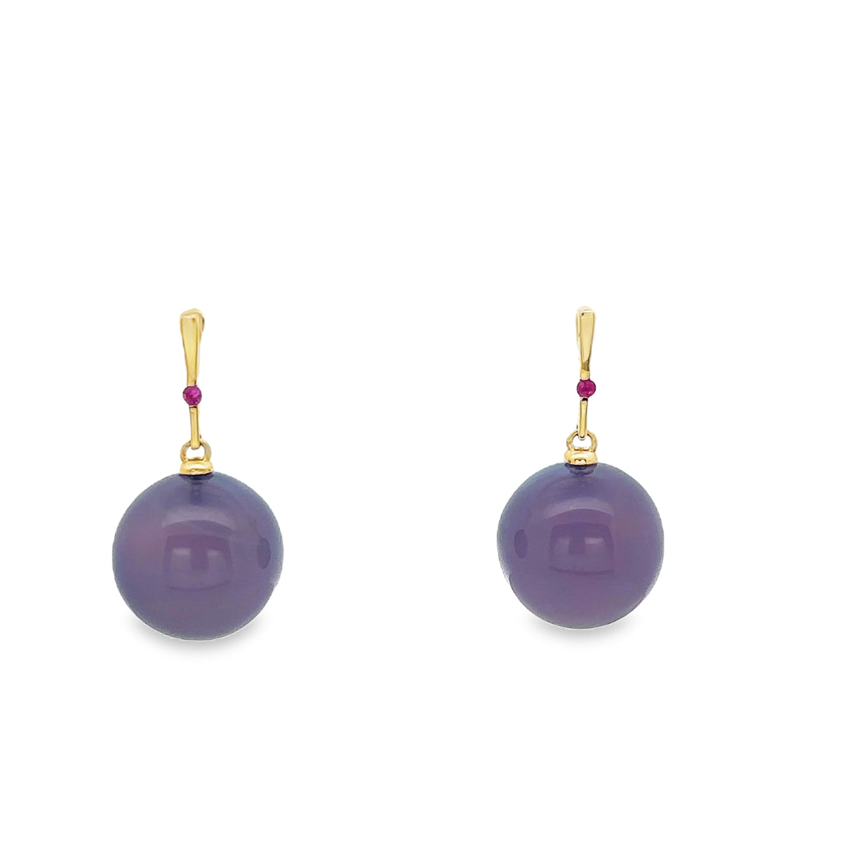 Natural Ethiopian Chalcedony and Burmese Ruby Sphere Earrings in 14K Yellow Gold