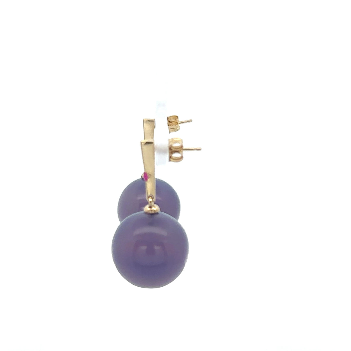 Natural Ethiopian Chalcedony and Burmese Ruby Sphere Earrings in 14K Yellow Gold