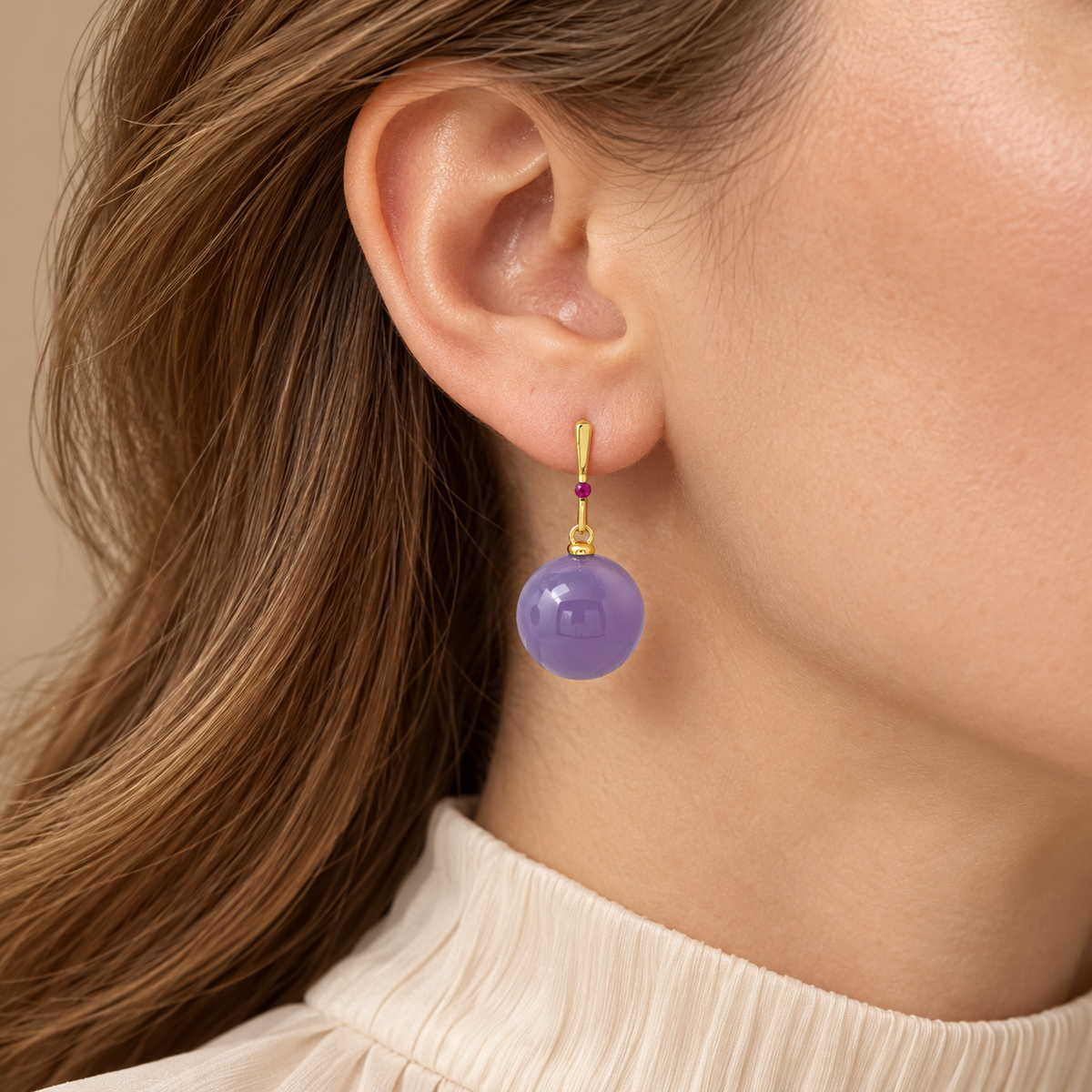 Natural Ethiopian Chalcedony and Burmese Ruby Sphere Earrings in 14K Yellow Gold