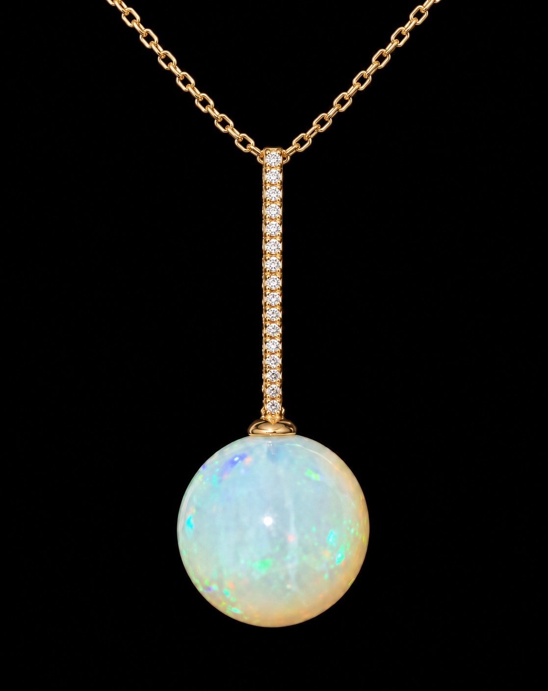 Natural Ethiopian Welo Opal and Diamond Sphere Pendant in 14K Yellow Gold