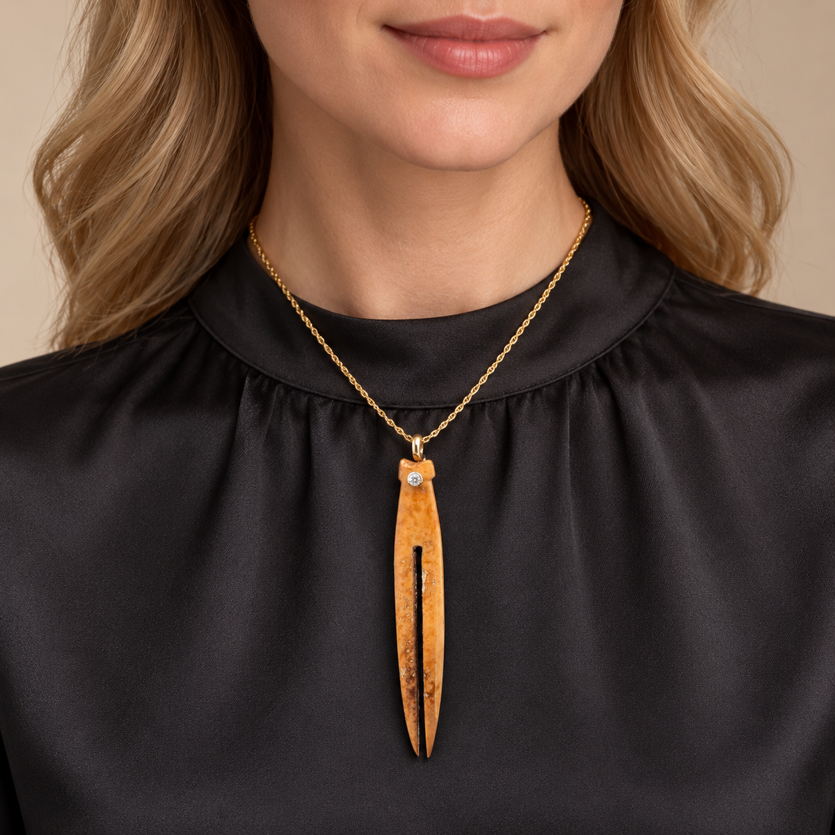 Fossil Walrus Ivory and Diamond Inuit Harpoon Tip Necklace