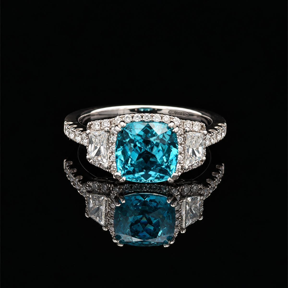 18KW Gold with 0.76CTW Diamond, Blue Zircon 3.38ct, Cushion Cut 7.5mm Ring – main view