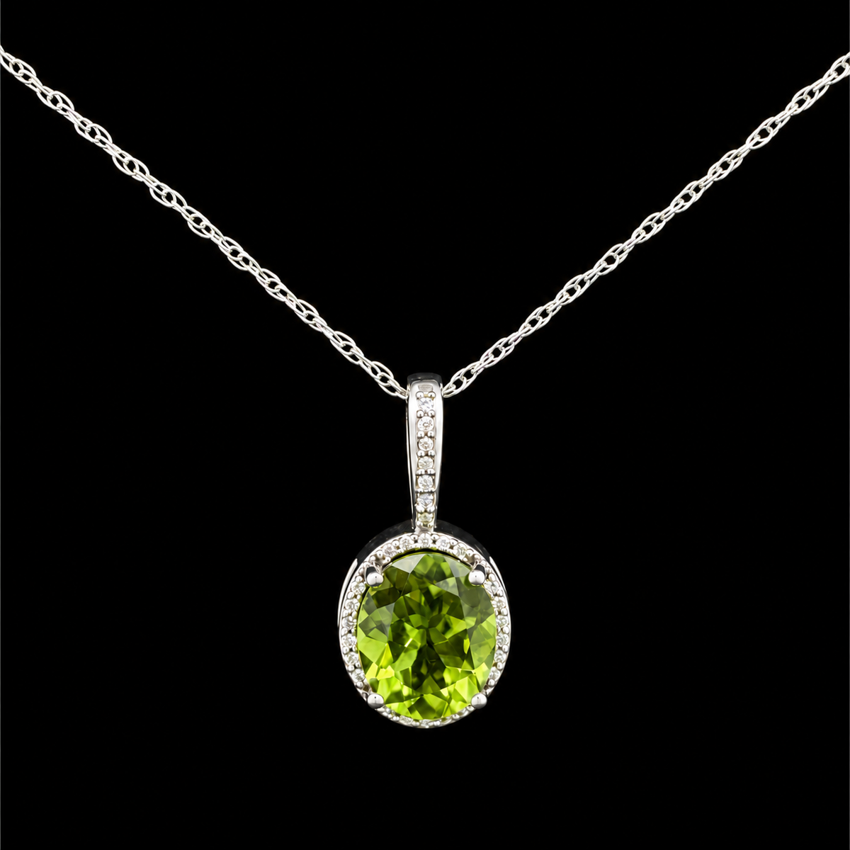 2.91ct, 10x8mm Oval Peridot Pakistan, Set in 14KW Gold with Halo Natural Diamonds 0.07ctw , I1 G-H, with 18" 14KW Gold 1mm Cable Chain Necklace – main view