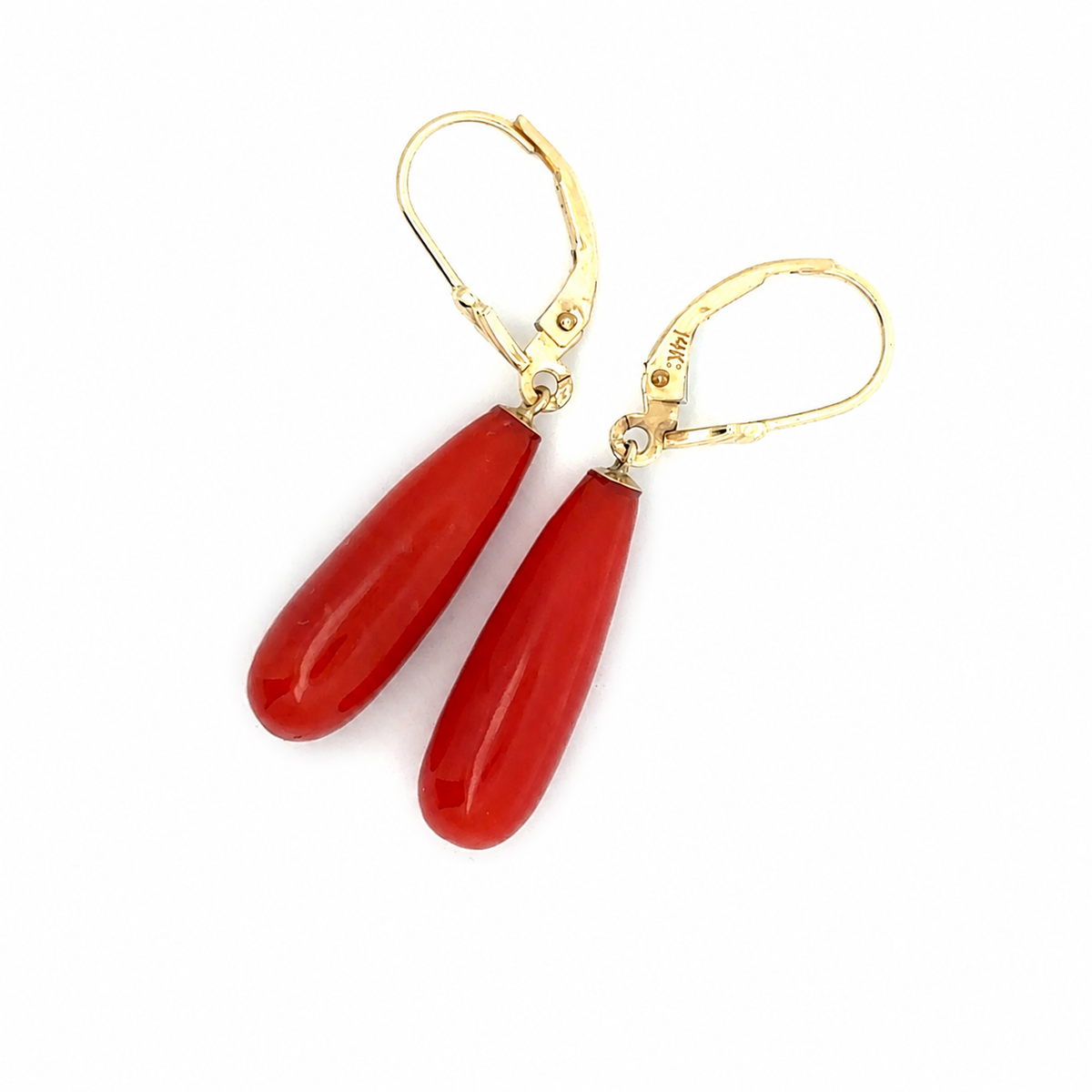 Natural Italian Coral Briolette Drop Earrings in 14K Yellow Gold