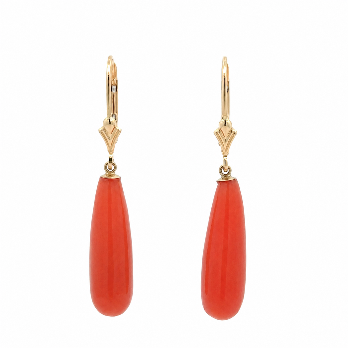 Natural Italian Coral Briolette Drop Earrings in 14K Yellow Gold