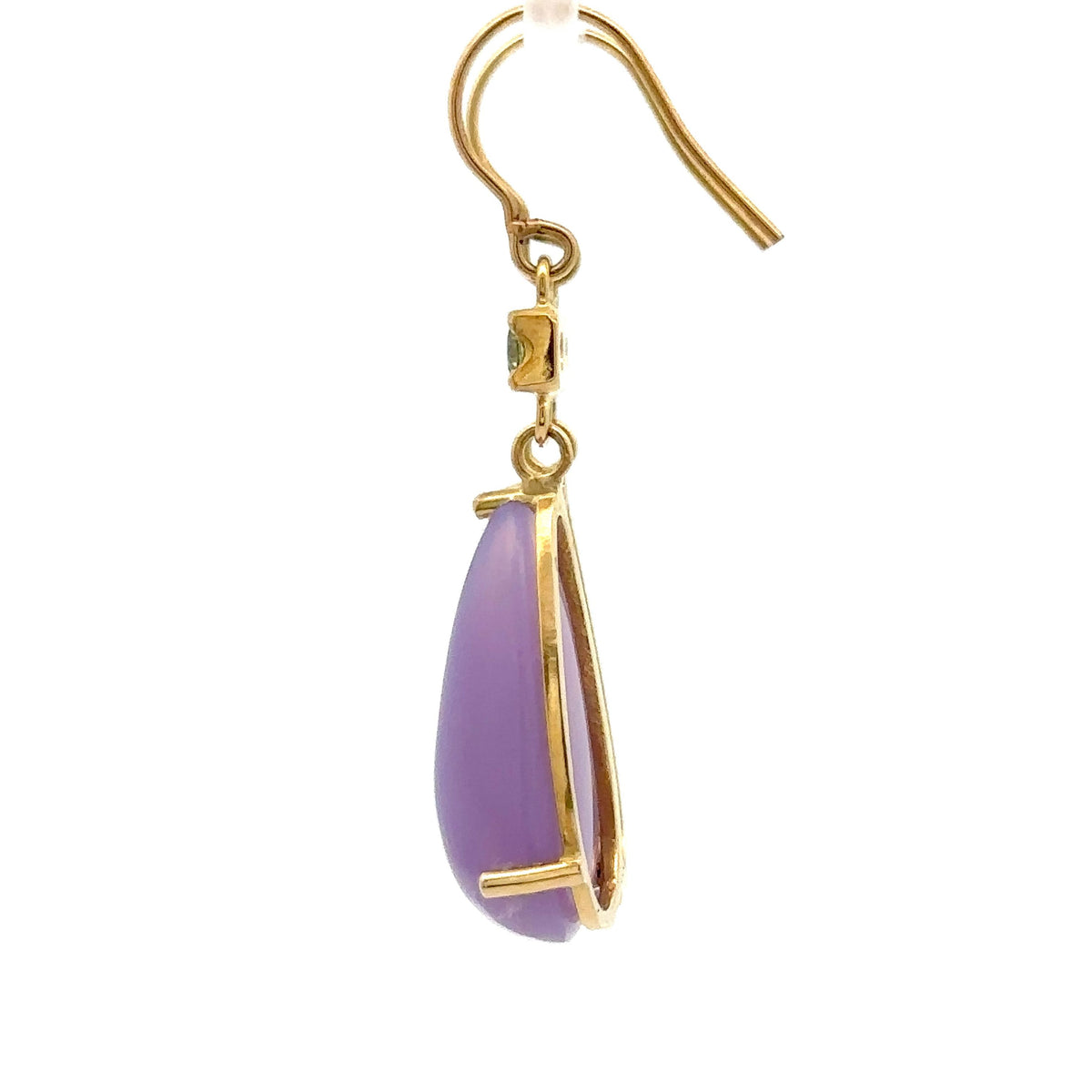 18KY Gold, 23.50cttw, 21.26x10.71mm Ethiopian Chalcedony with Demantoid Garnet 3.5mm Prong Setting with French wire Setting Pair of Earrings – side view