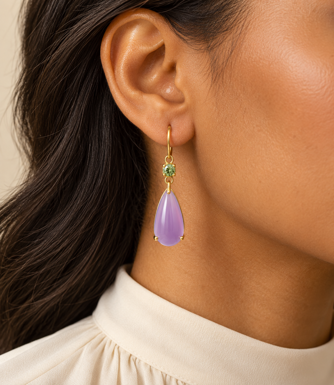 Natural Ethiopian Chalcedony and Demantoid Garnet Drop Earrings in 18K Yellow Gold