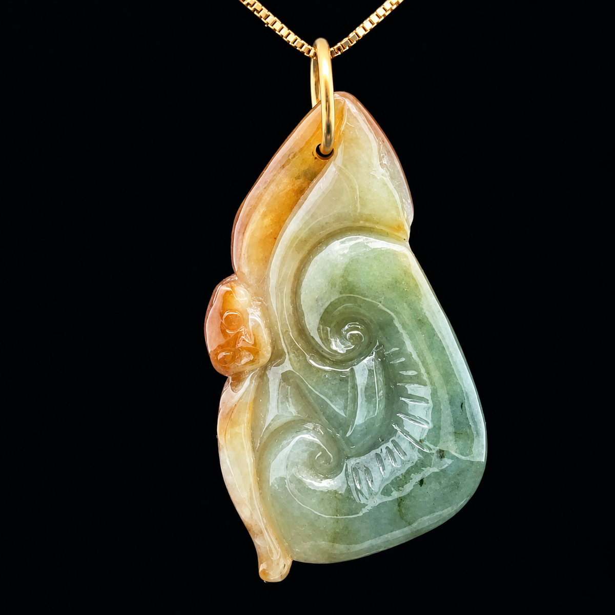 18KY Gold Jade Carving with 18KY Gold 18-inch Box Chain Necklace – front view