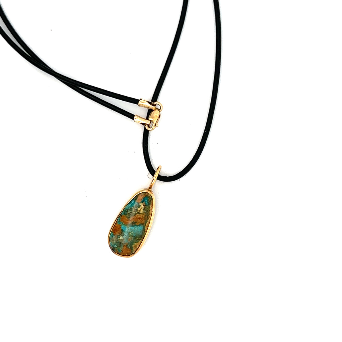 18KY Gold Persian Turquoise Bezel Set Pendant w 14KY Gold Clasp Black Cord – main view
