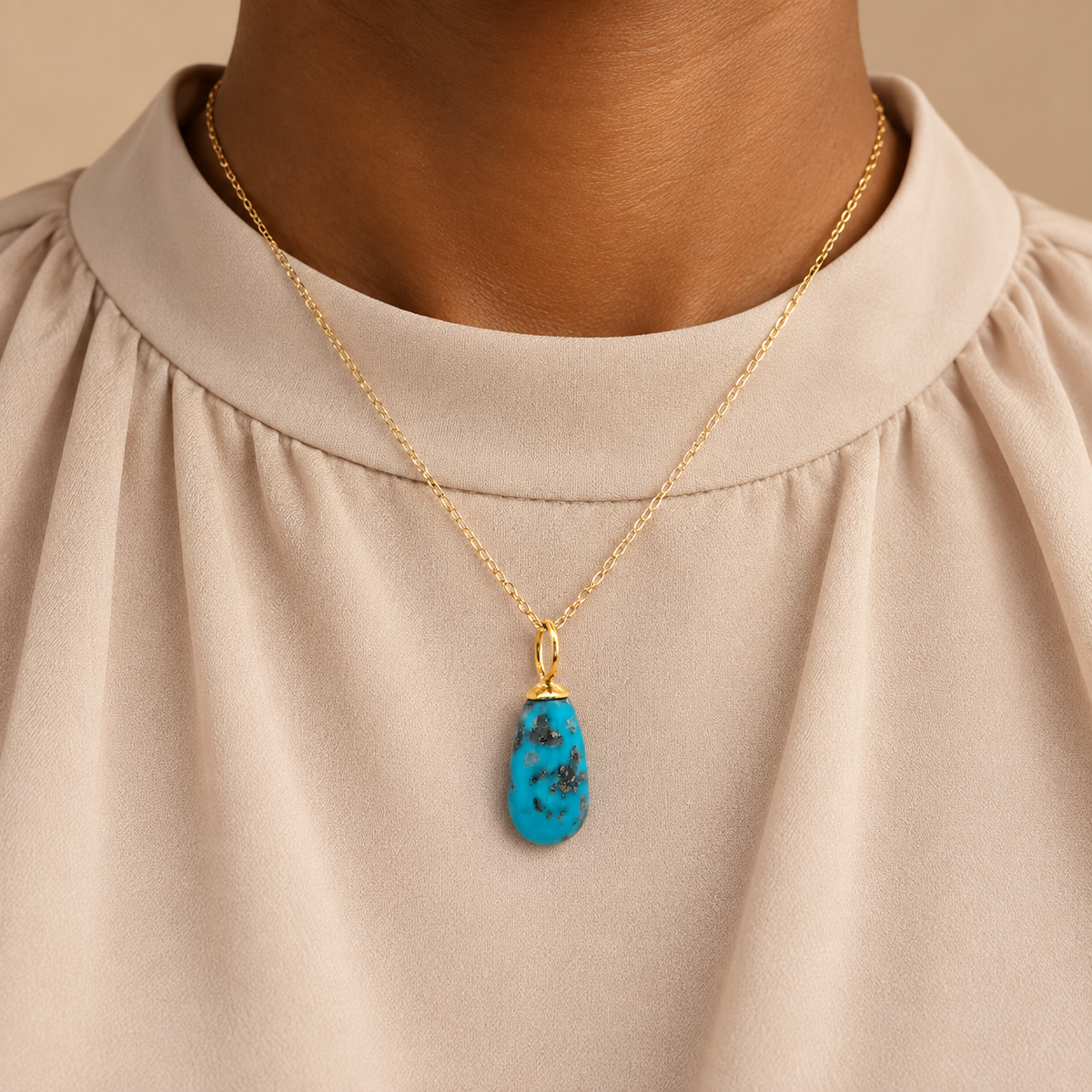 Natural Persian Turquoise Briolette Pendant in 18K Yellow Gold