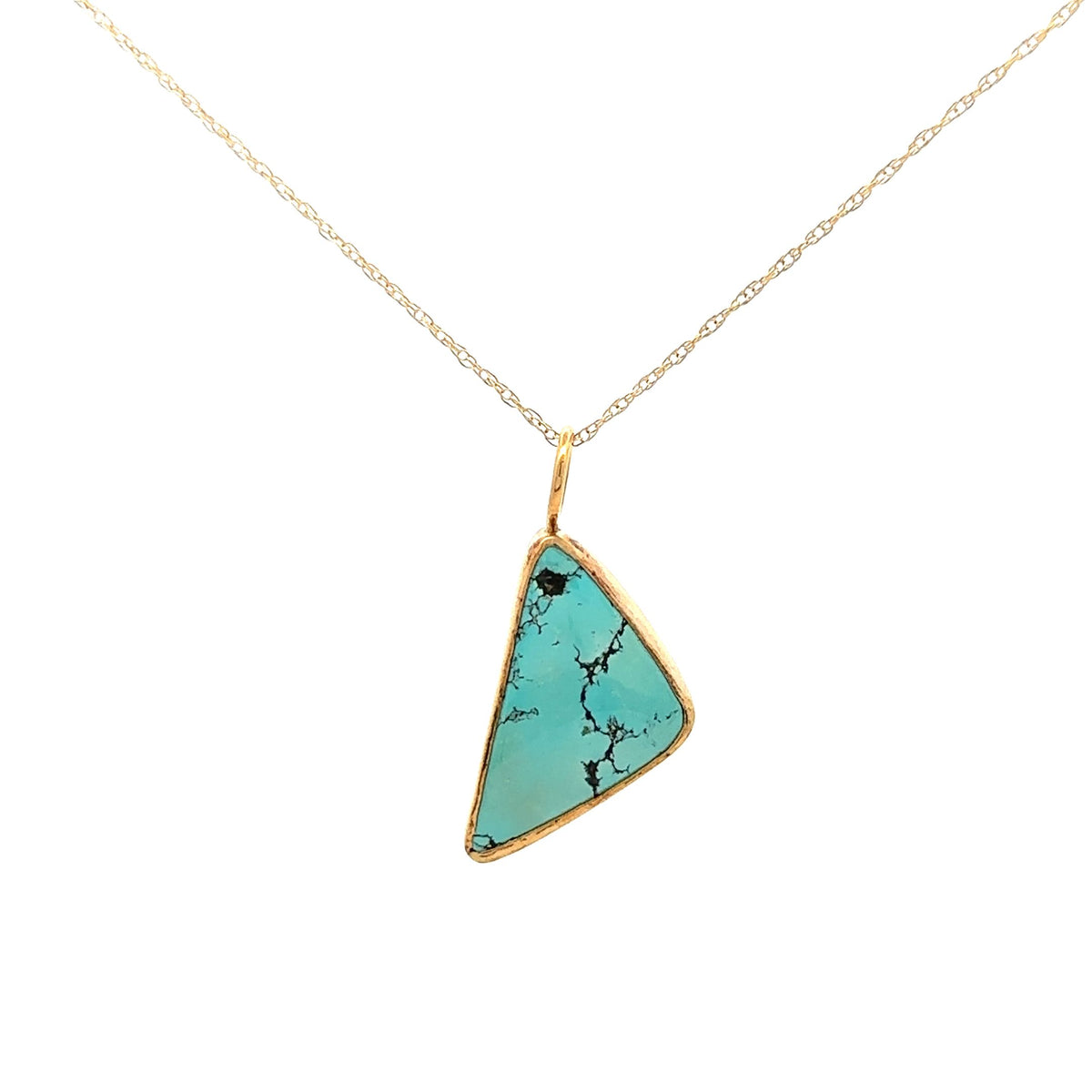 18KY Gold Uzbek Turquoise Bezel Set Pendant with 14KY Gold Clasp Black Cord – main view