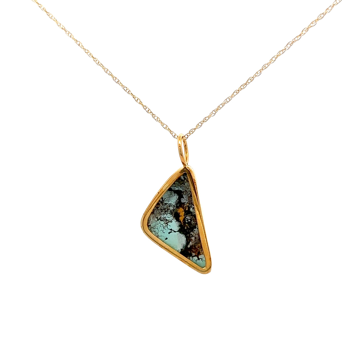 18KY Gold Uzbek Turquoise Bezel Set Pendant with 14KY Gold Clasp Black Cord – back view