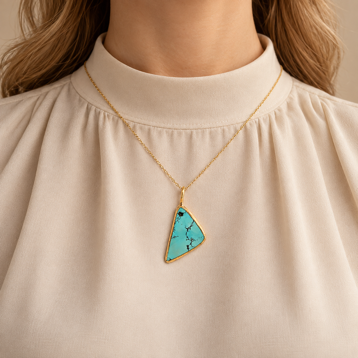 Natural Uzbek Turquoise Pendant in 18K Yellow Gold