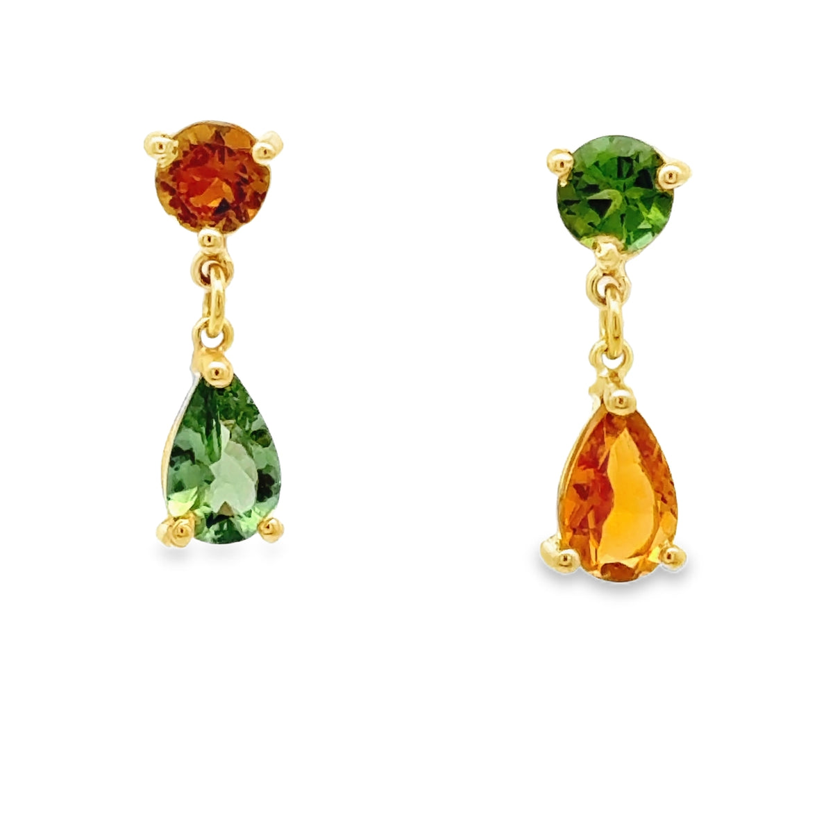 18KY Gold, ~2.7cttw Multi Color Tourmaline, Rounds & Pears, Prong Set, Dangles with Post Backs – main view
