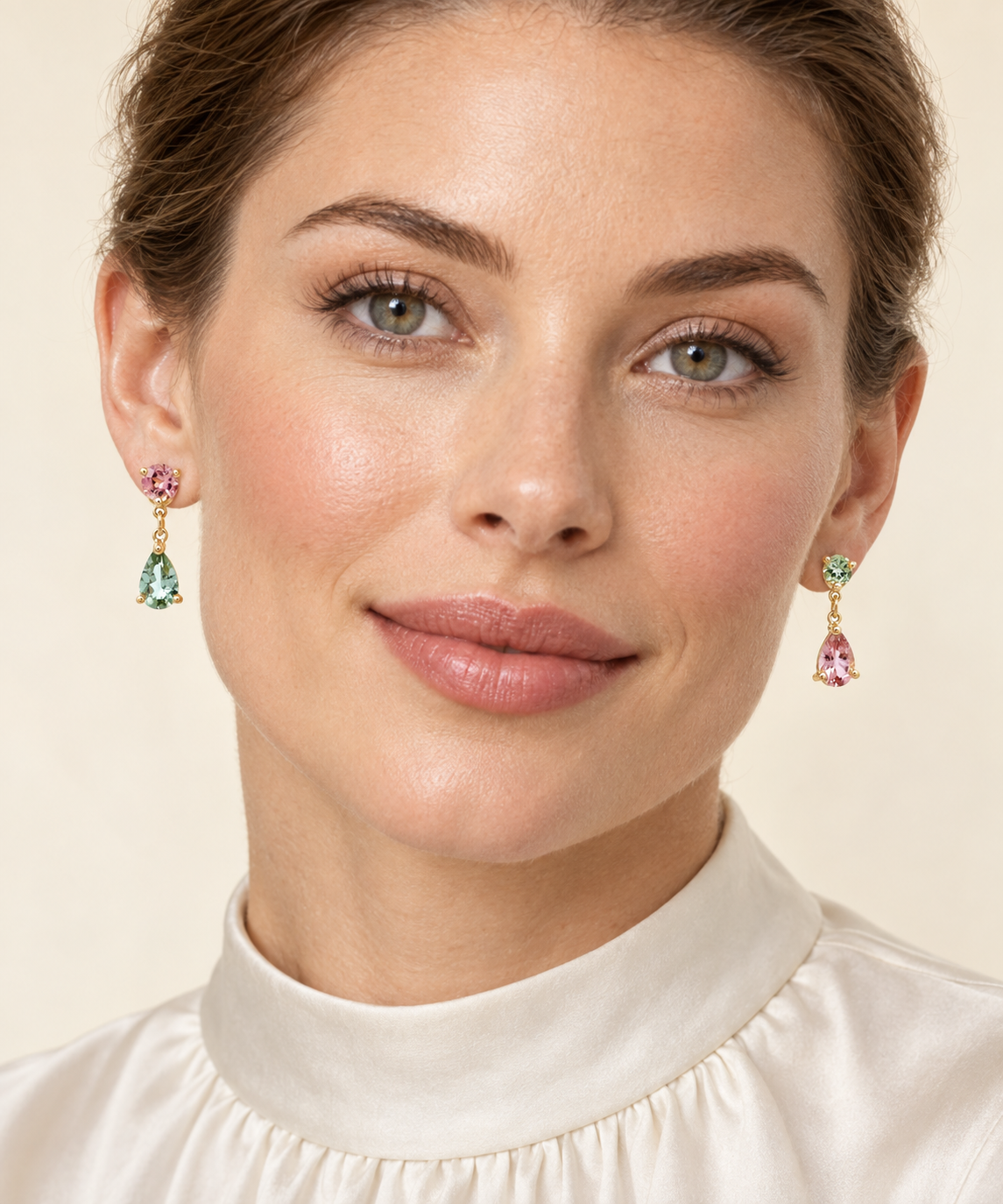Natural Multicolor Tourmaline Drop Earrings Calabar Nigeria in 18K Yellow Gold