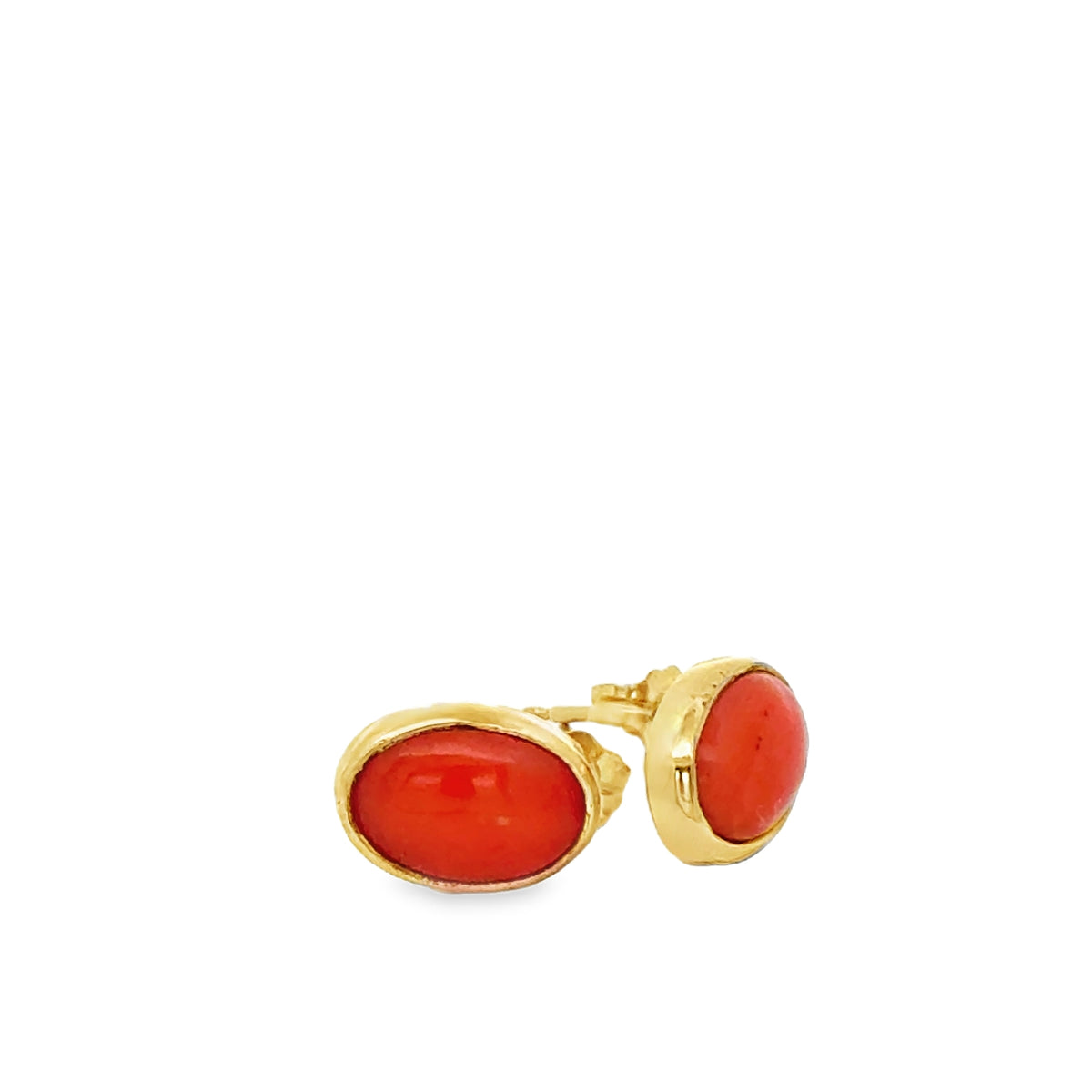 18KY Gold, 3.41cttw/2pcs, 10x7mm Coral, Oval, Bezel Set Stud Earrings with Post Backs – main view