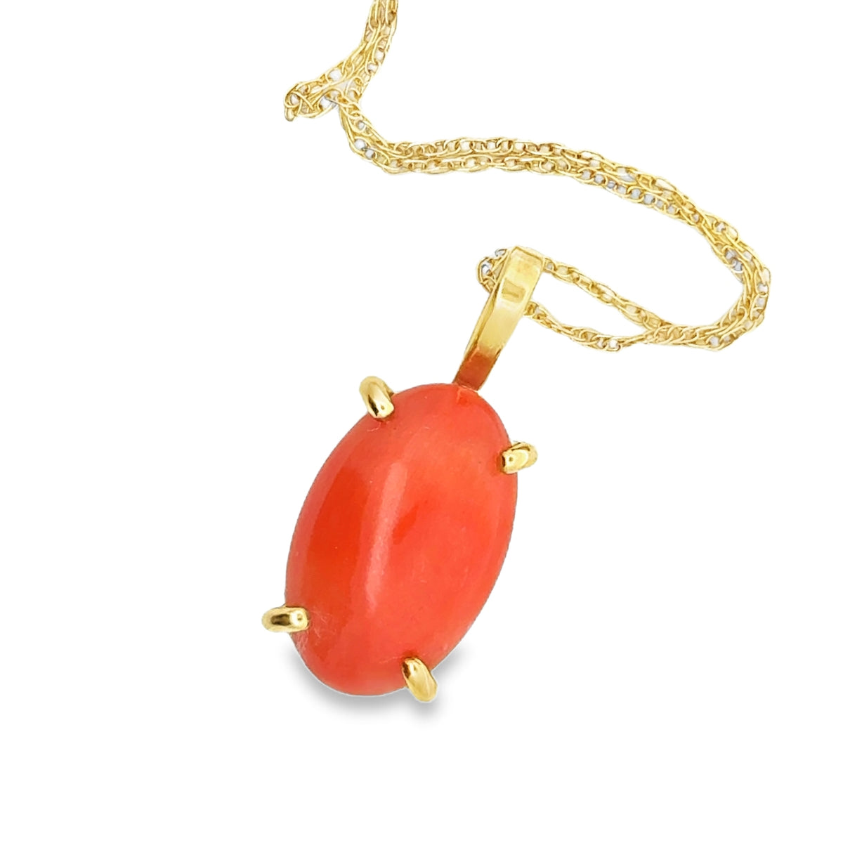 18KY Gold, 5.68ct, 17x11mm Precious Coral, Oval, Prong Set Pendant with 18KY Gold 18-inch Chain – main view