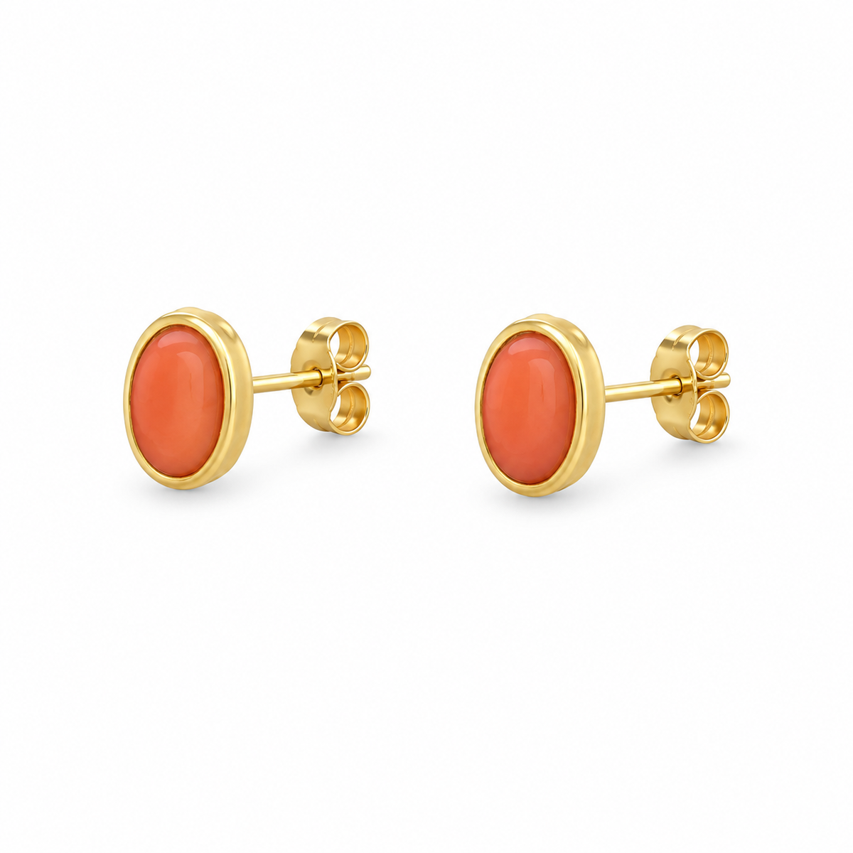 18KY Gold, 0.91cttw, 6x4mm Precious Coral, 2pcs, Ovals, Bezel Set with Post Backs – side view