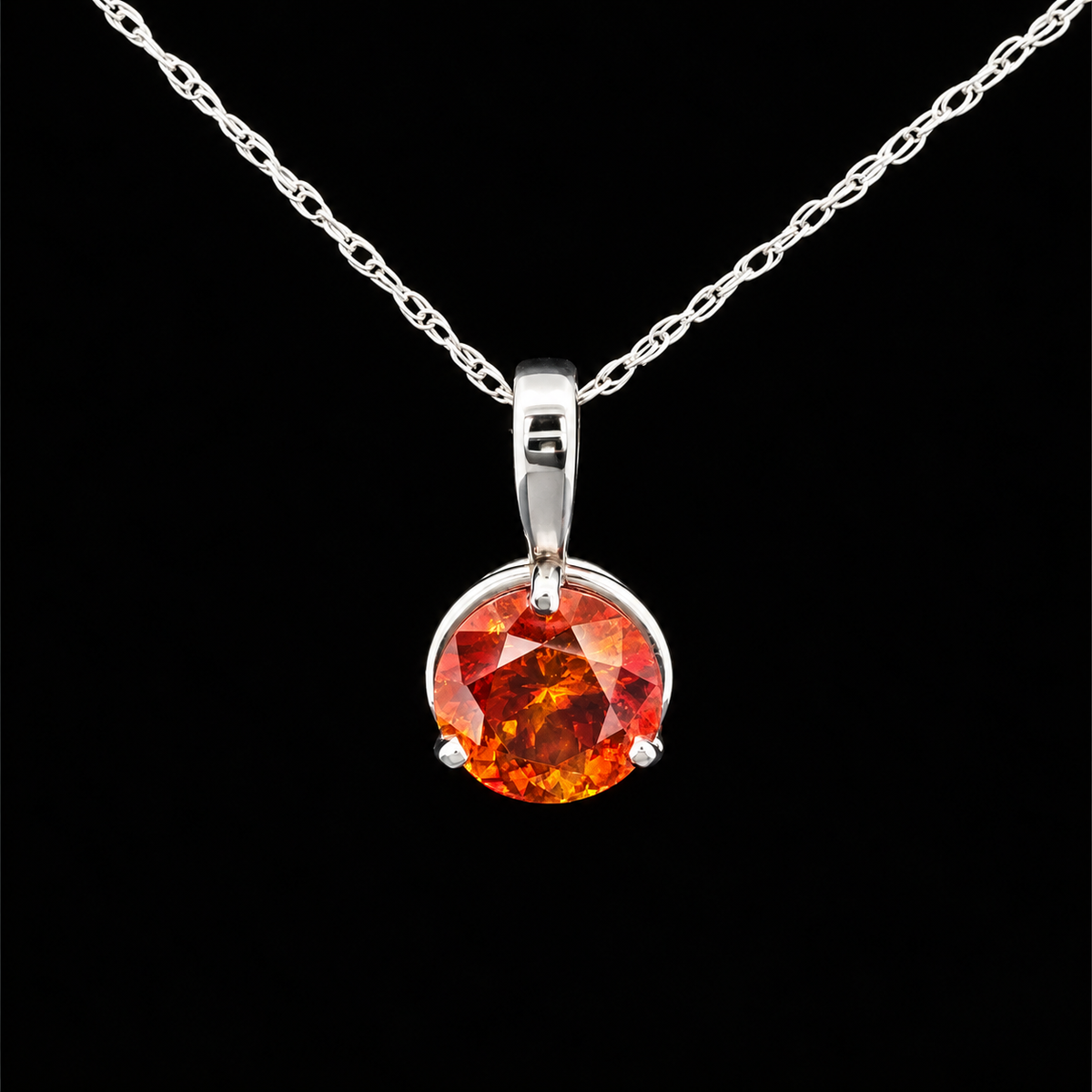 3.60ct Sphalerite-Spain, Orange, 9.02mm, Round, set in 14KW Gold Prong Set with 14KW Gold 1mm 18” Rope Chain – main view