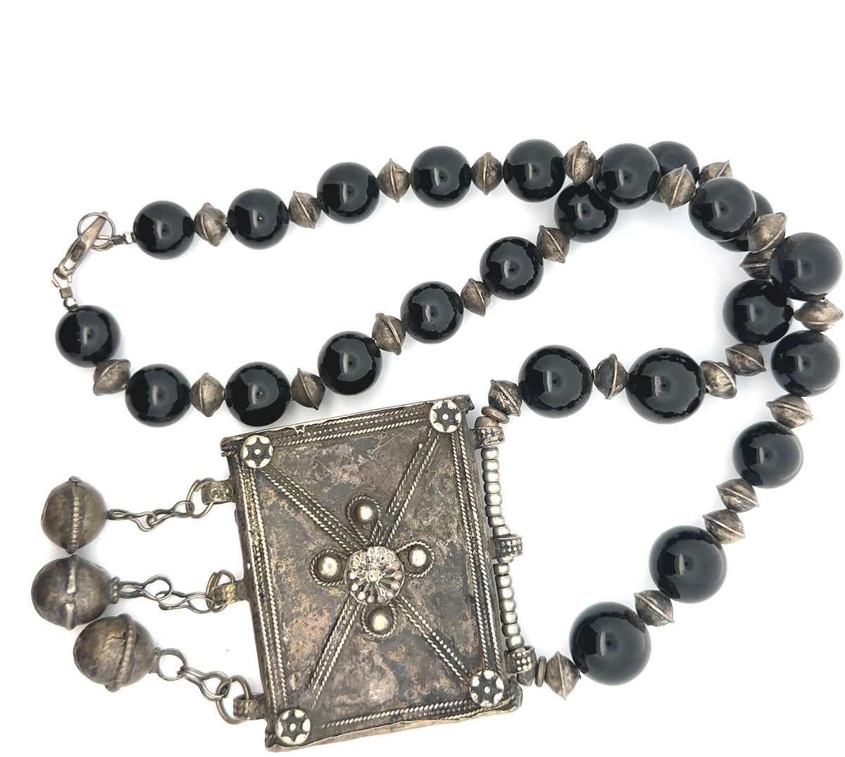 Black Spinel Beads with Ethiopian Antique Silver Tulsum Large Necklace – side view
