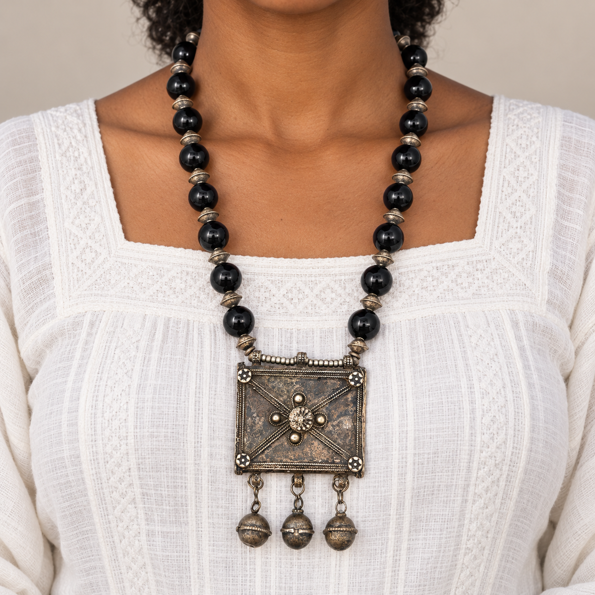 Ethiopian Black Obsidian and Antique Silver Pendant Necklace