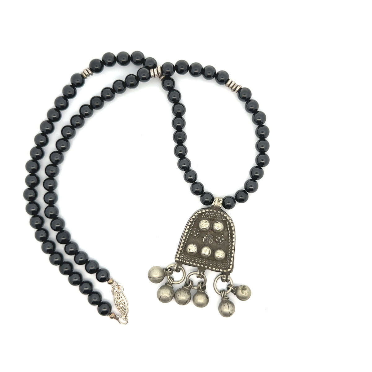 Black Spinel Beads with Ethiopian Antique Silver Tulsum Med Necklace – main view
