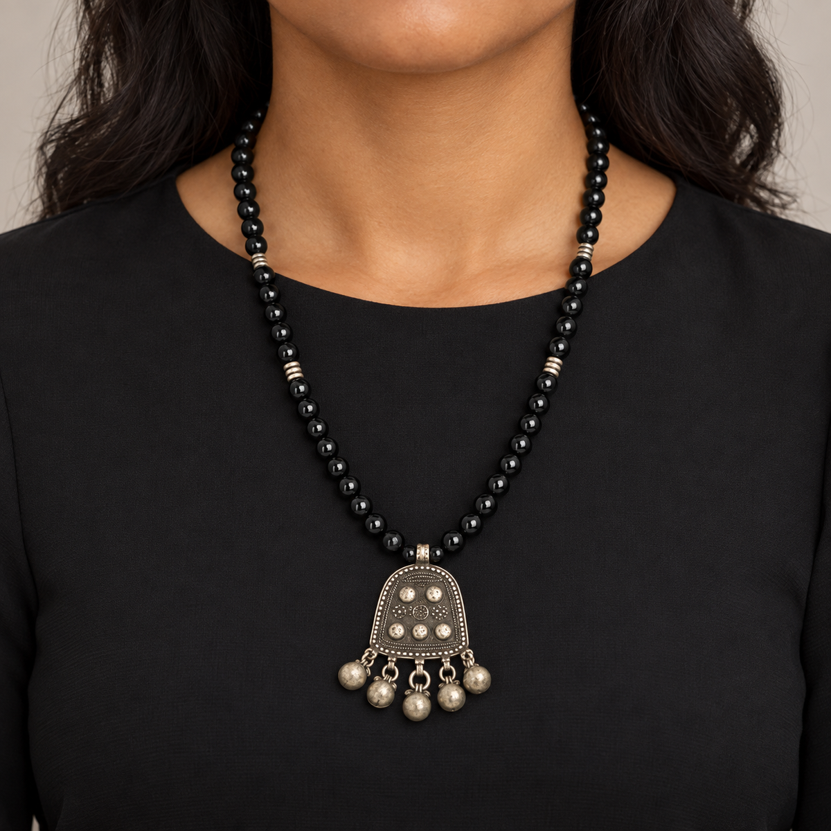 Natural Black Spinel and Antique Ethiopian Harari-Style Necklace