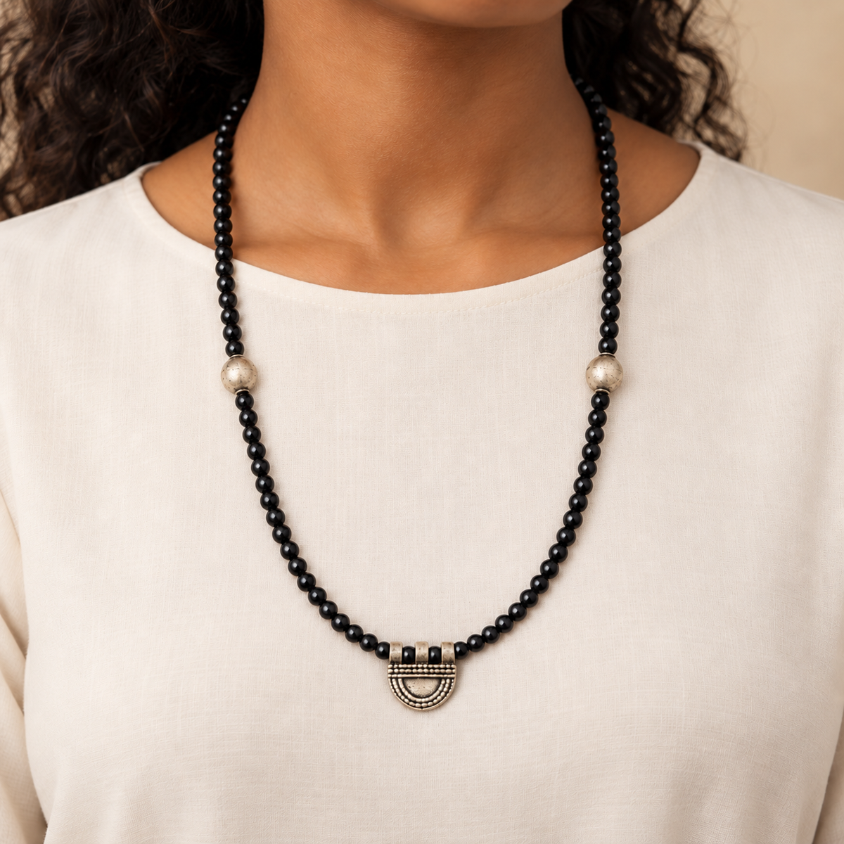 Natural Black Spinel and Antique Ethiopian Telsum Beaded Necklace