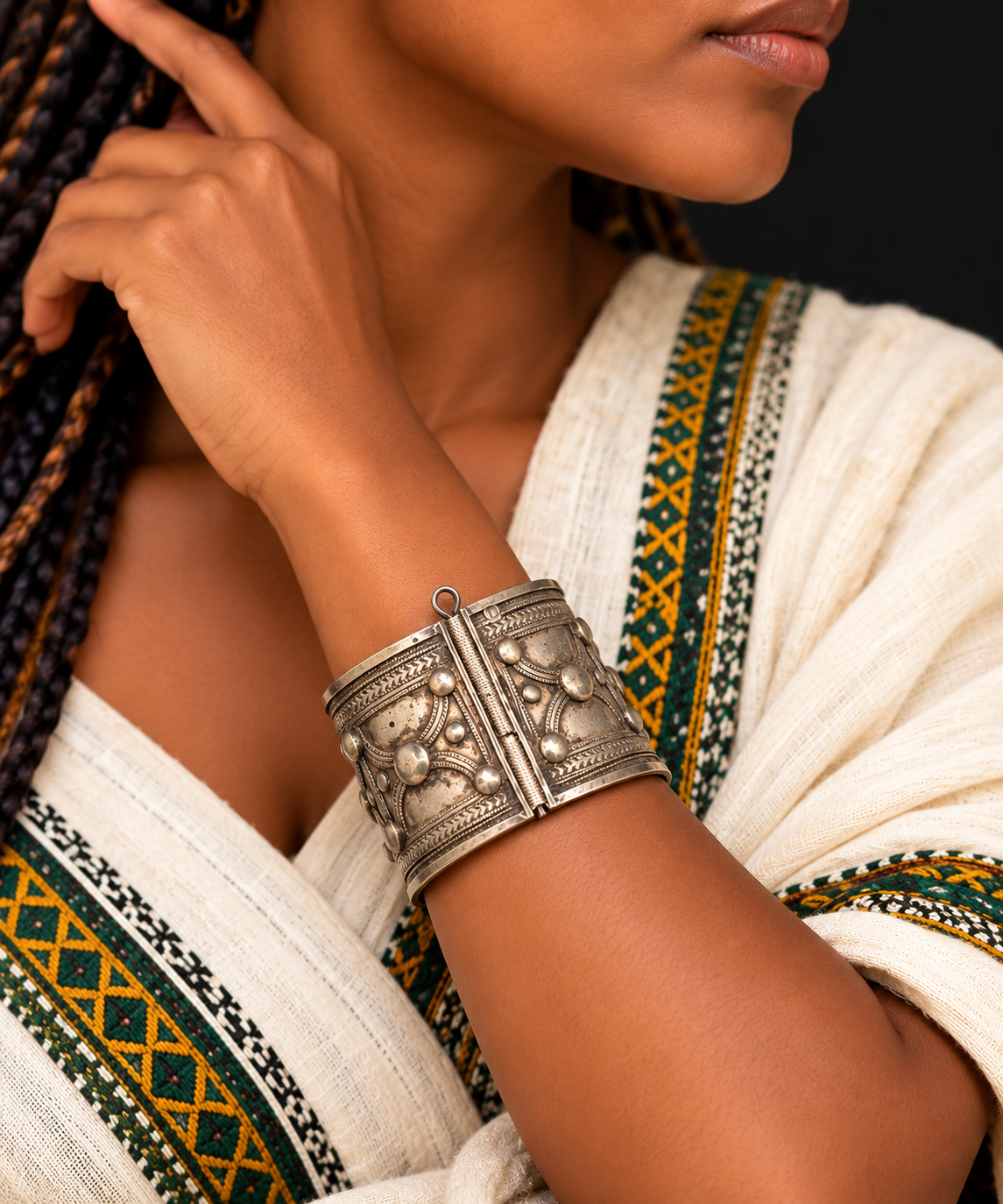 Ethiopian Antique Silver Mix Bracelet with Pin
