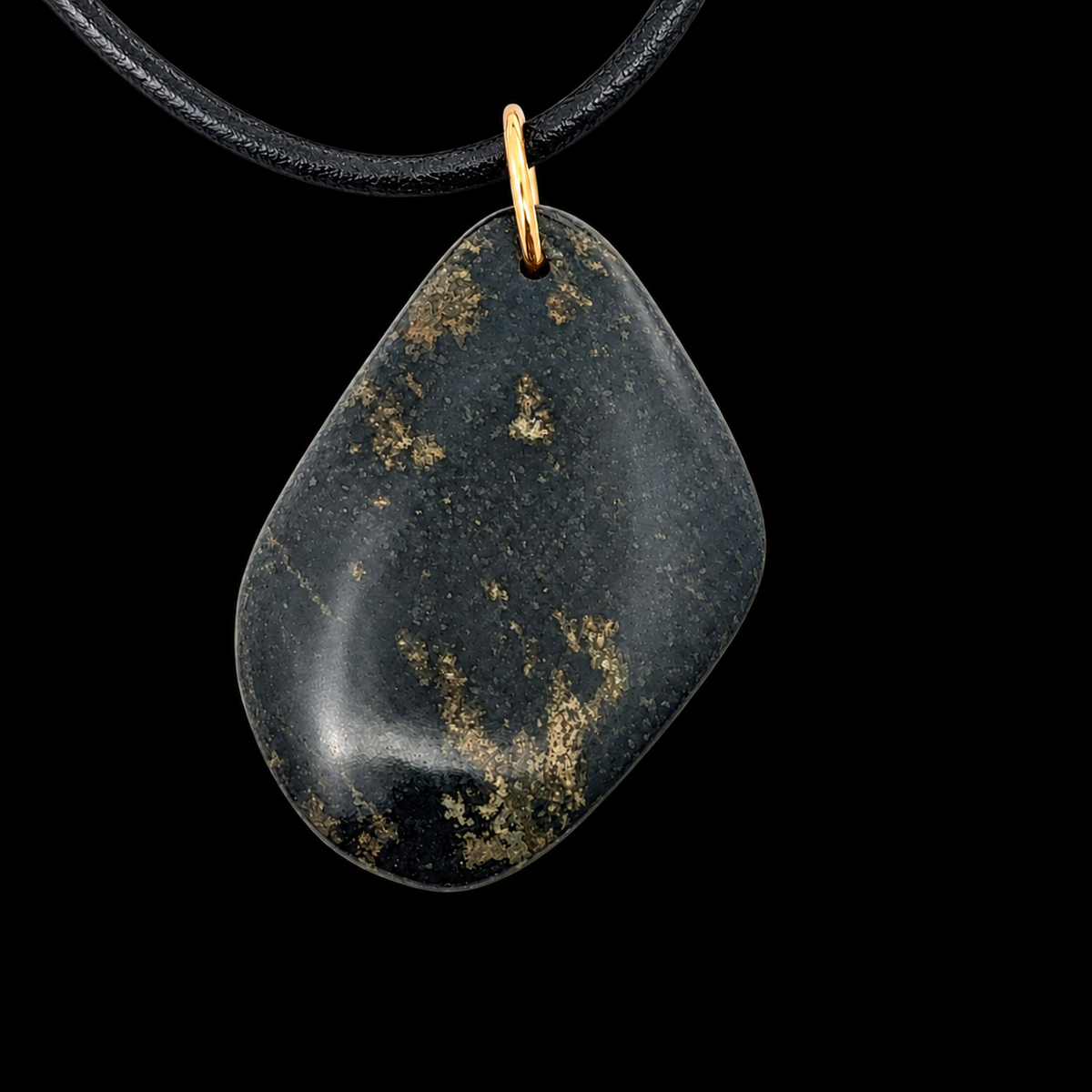 35.79ct, 30x23mm, Peruvian Black Jade with Pyrite, Cabochon-Drilled, with 18KY Gold Bail – main view