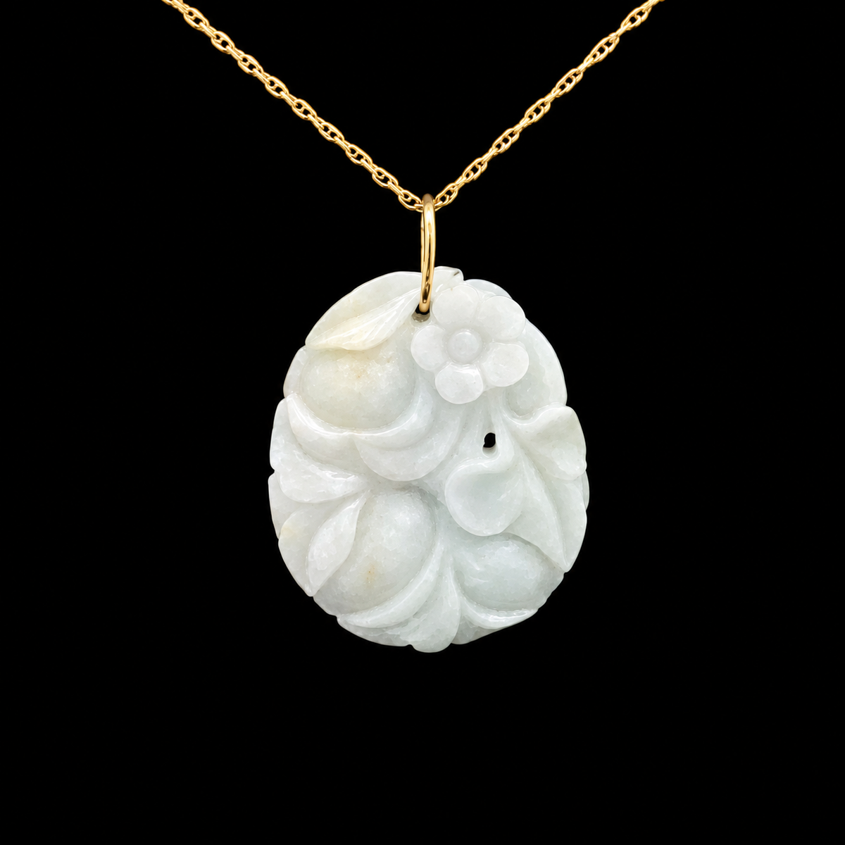 29.88ct, Burmese, Light Green Jadeite, 34.02x26.72x4.24mm, Carved Leaf Set in 18KY Gold Bail with 18" Gold Chain – main view