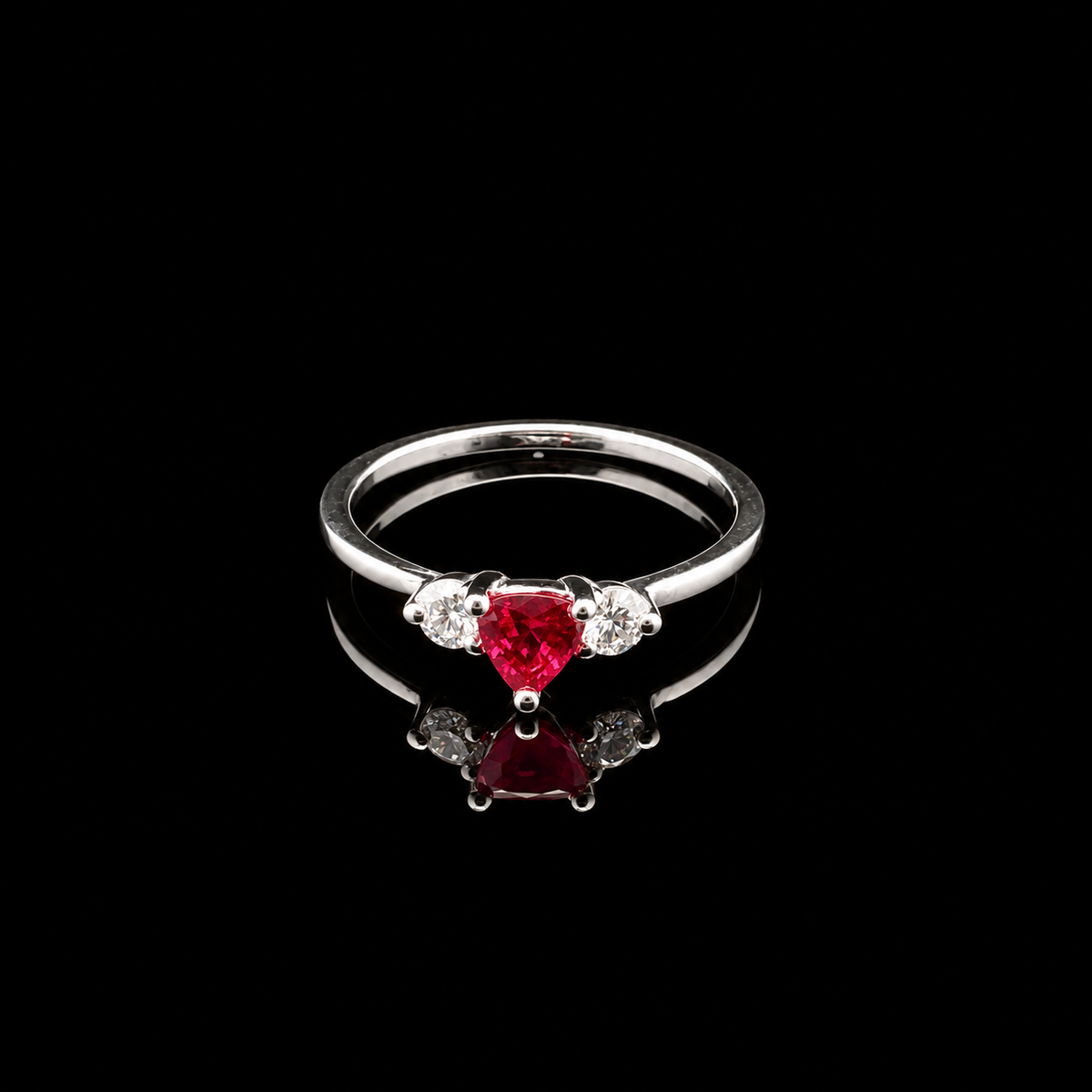 18k White Ruby Gold Ring, (2) 3.0mm Natural Round Diamonds. VS in quality, F in Color. .20tcw, Center Stone Ruby (HH), Red, 0.44ct, 4.6mm, Trilliant, Monghsu - Burma, Prong Set, Size 6.5 – front view