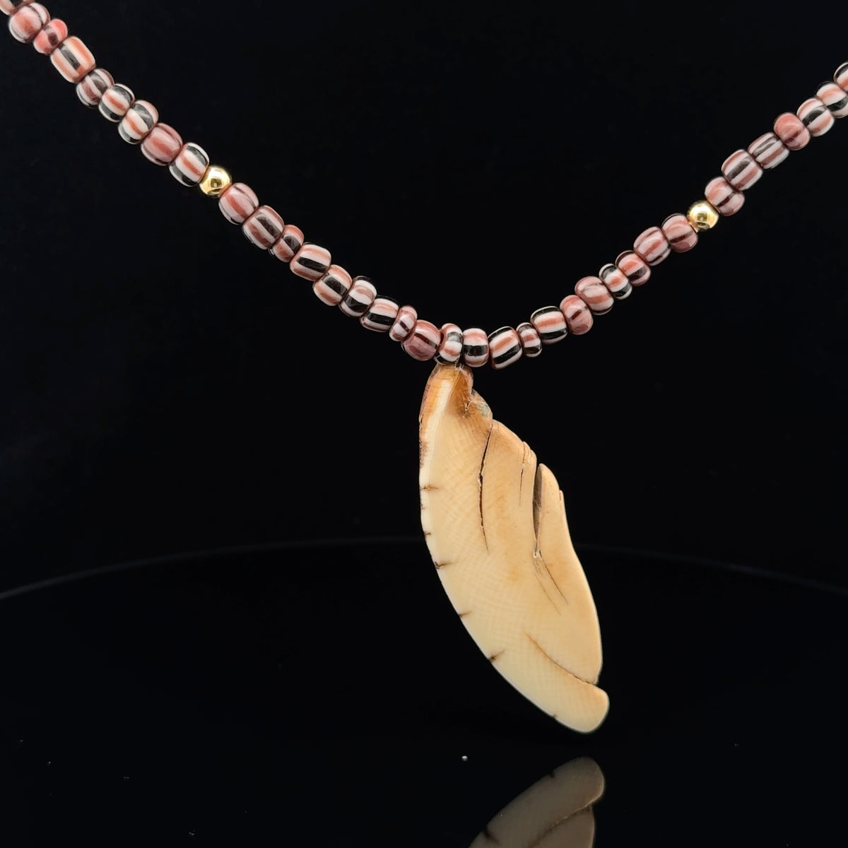 Venetian Trade Beads with Woolly Mammoth Ivory Pendant with 18KY Gold Pearl Clasp – front view