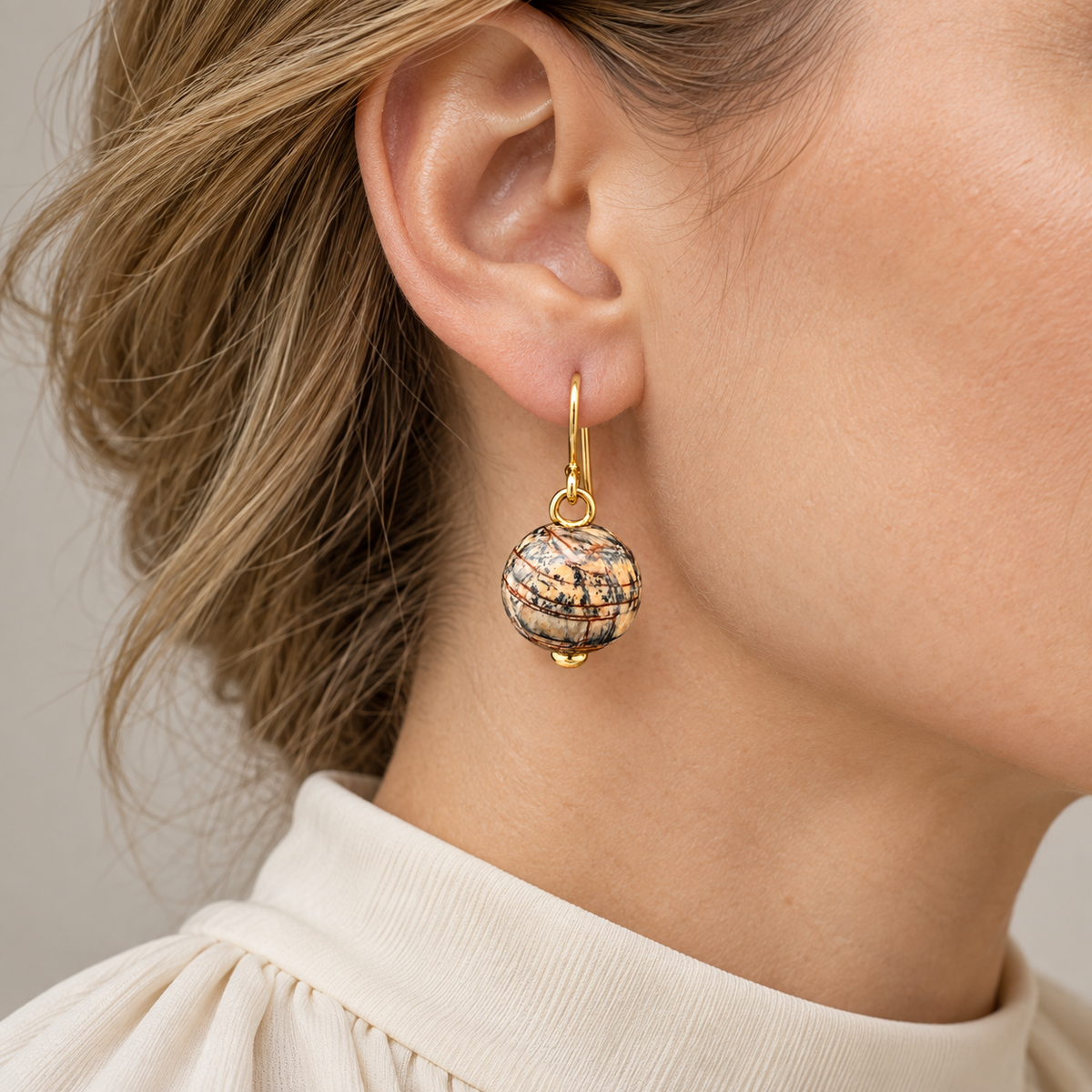 Fossil Woolly Mammoth Ivory Bead Earrings in 18K Yellow Gold