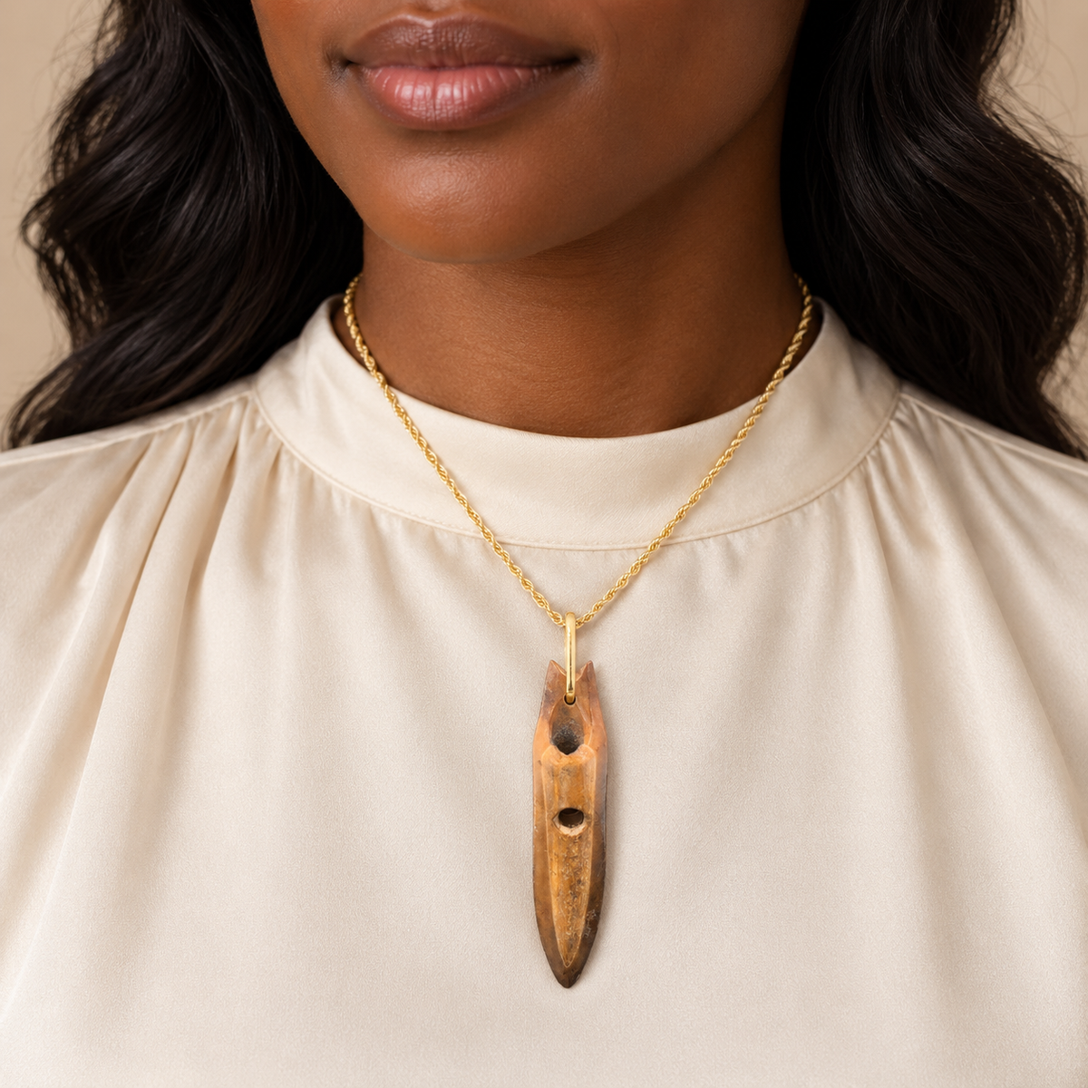 Fossil Walrus Ivory Inuit Harpoon Tip Necklace in 18K Yellow Gold