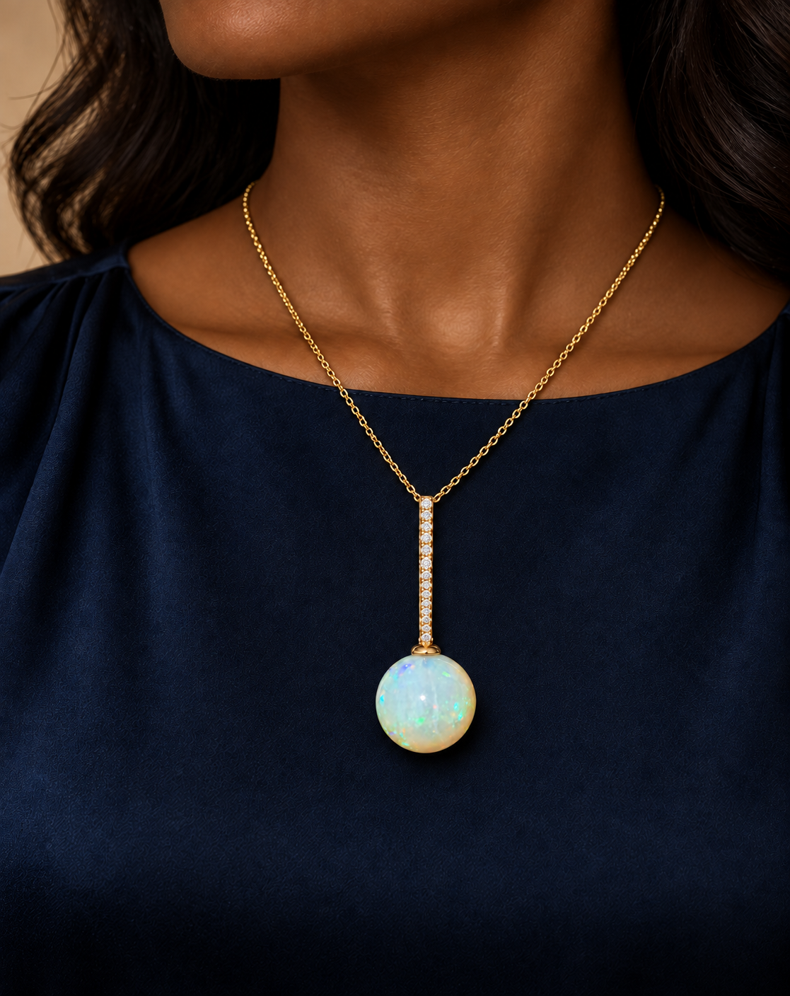Natural Ethiopian Welo Opal and Diamond Sphere Pendant in 14K Yellow Gold