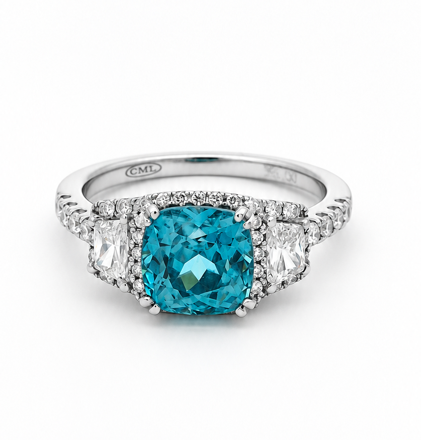 Natural Blue Zircon and Diamond Ring in 18K White Gold
