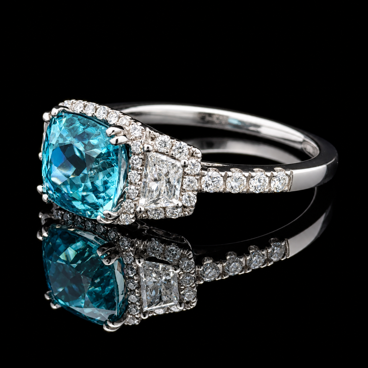 18KW Gold with 0.76CTW Diamond, Blue Zircon 3.38ct, Cushion Cut 7.5mm Ring – side view