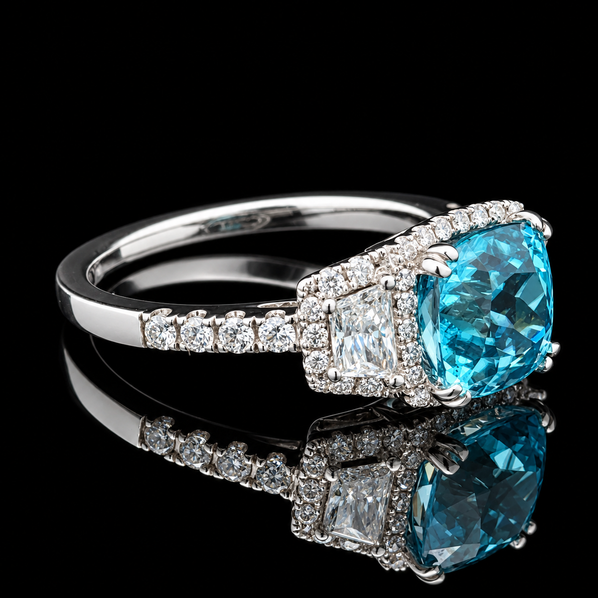 18KW Gold with 0.76CTW Diamond, Blue Zircon 3.38ct, Cushion Cut 7.5mm Ring – detail view