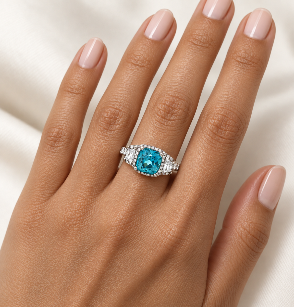 Natural Blue Zircon and Diamond Ring in 18K White Gold