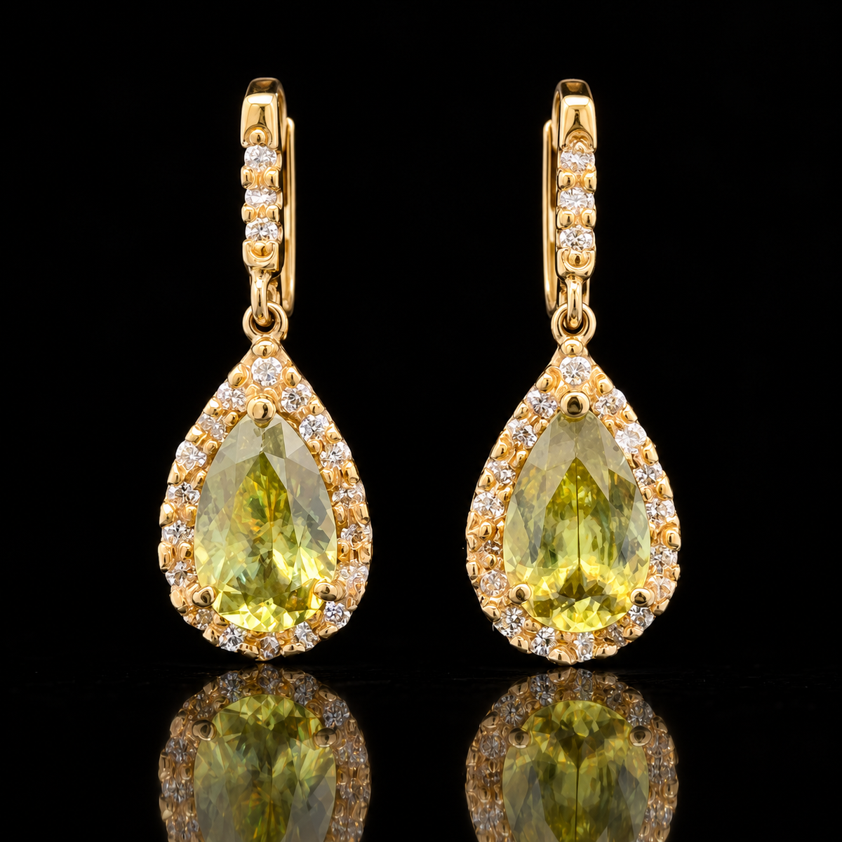 22K Yellow Gold Sphene, 3.22cttw/10.09×22mm, Zimbabwe, with Halo Diamonds Natural VS F+ Approx. 0.52cttw Pair of Earrings – front view