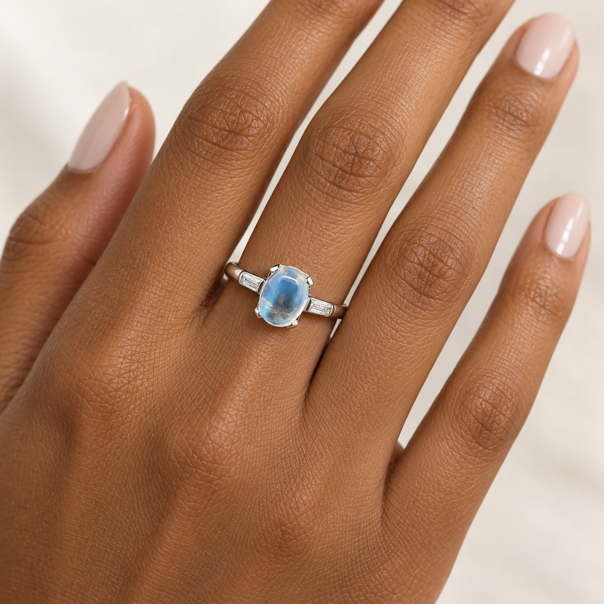 Natural Moonstone and Diamond Ring in Vintage Platinum