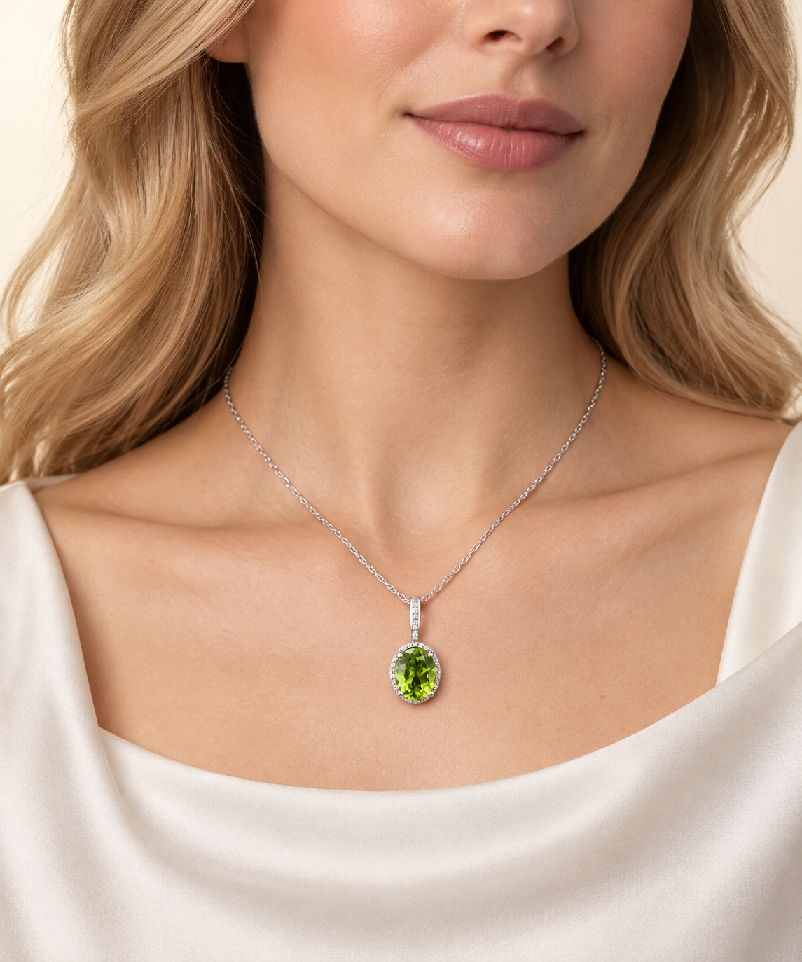 Natural Pakistani Peridot and Diamond Pendant in 14K White Gold