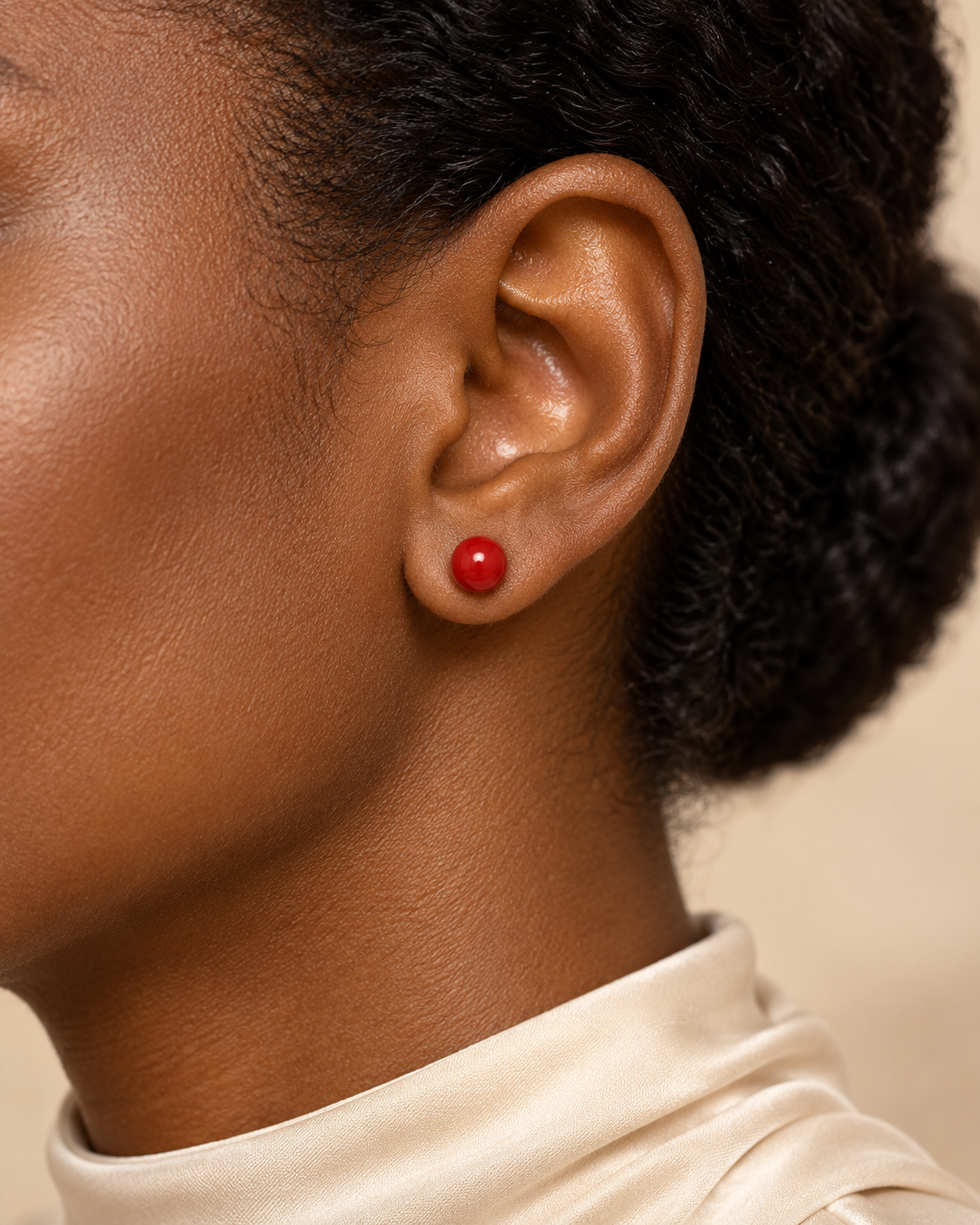 Natural Italian Red Coral Ball Stud Earrings in 14K Yellow Gold